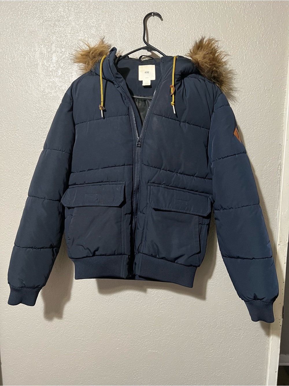 H&M Kids Dark Blue Puffer Jacket with Faux Fur Trim Hood
